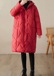 Women Red Zip Up Hooded Pockets Fine Cotton Filled Witner Coat