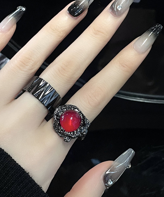 Women Retro Black Metal Gem Stone Rings Two Piece Set