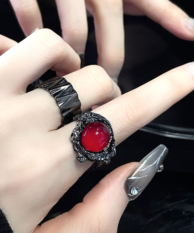 Women Retro Black Metal Gem Stone Rings Two Piece Set