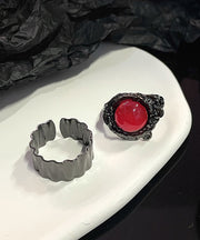 Women Retro Black Metal Gem Stone Rings Two Piece Set