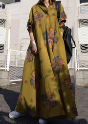 Women Green Flower Print Lapel Bohemian Loose Long Sleeve Maxi Shirt Dress With Pocket