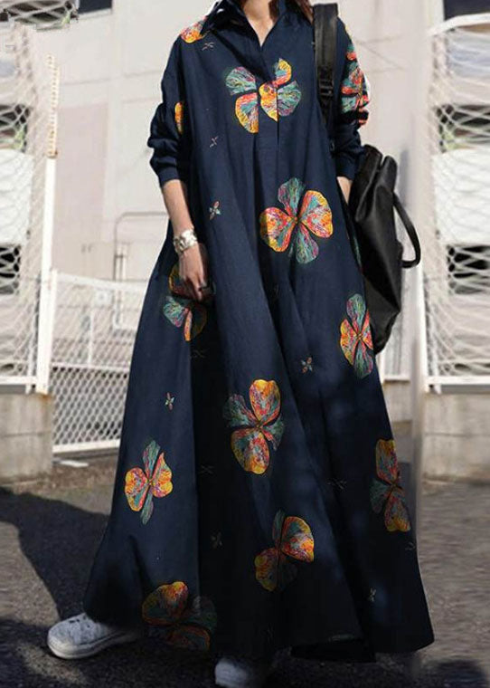 Women Green Flower Print Lapel Bohemian Loose Long Sleeve Maxi Shirt Dress With Pocket