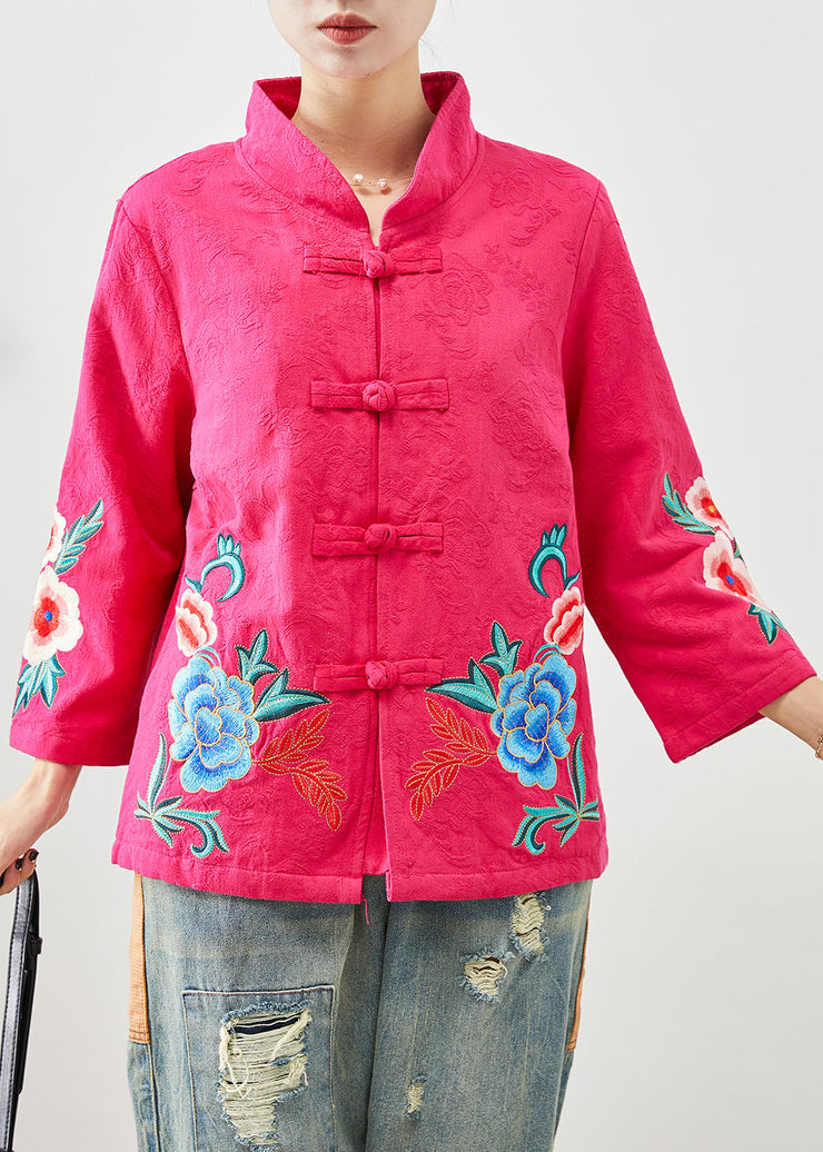 Women Rose Embroideried Jacquard Chinese Button Cotton Jackets Fall