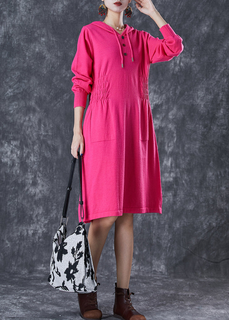 Women Rose Hooded Elastic Waist Knit Dresses Fall