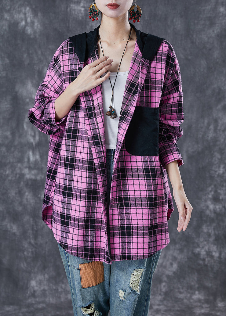 Women Rose Hooded Patchwork Plaid Cotton Coat Fall