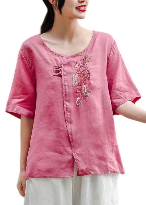 Women Rose O-Neck Side Open Patchwork Cotton T Shirt Summer