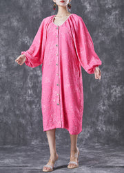 Women Rose Oversized Jacquard Cotton Maxi Dress Lantern Sleeve