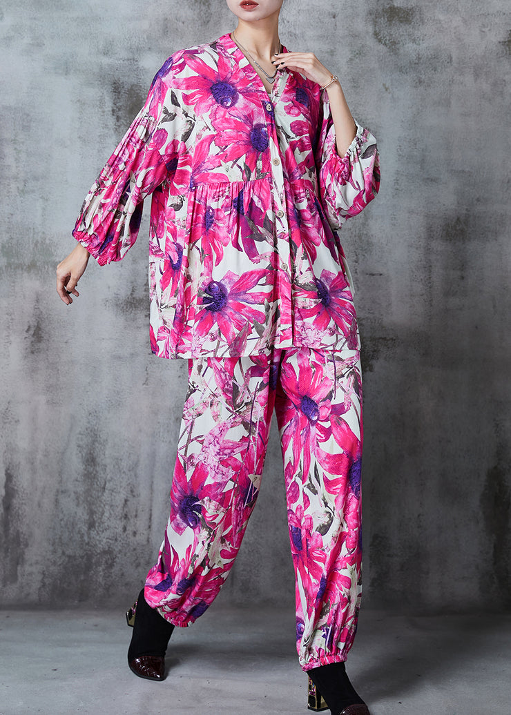 Women Rose Oversized Print Cotton Two Pieces Set Summer