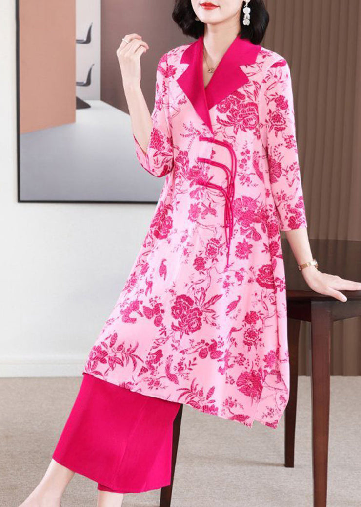 Women Rose Print Notched Collar Chinese Button Tassel Two Pieces Set Spring