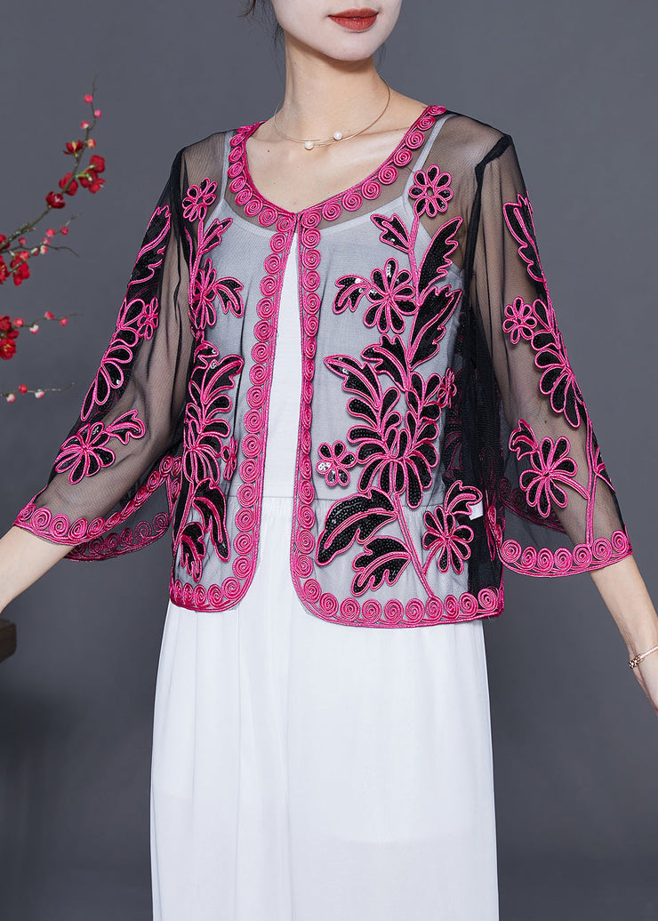 Women Rose Sequins Hollow Out Tulle Cardigan Summer