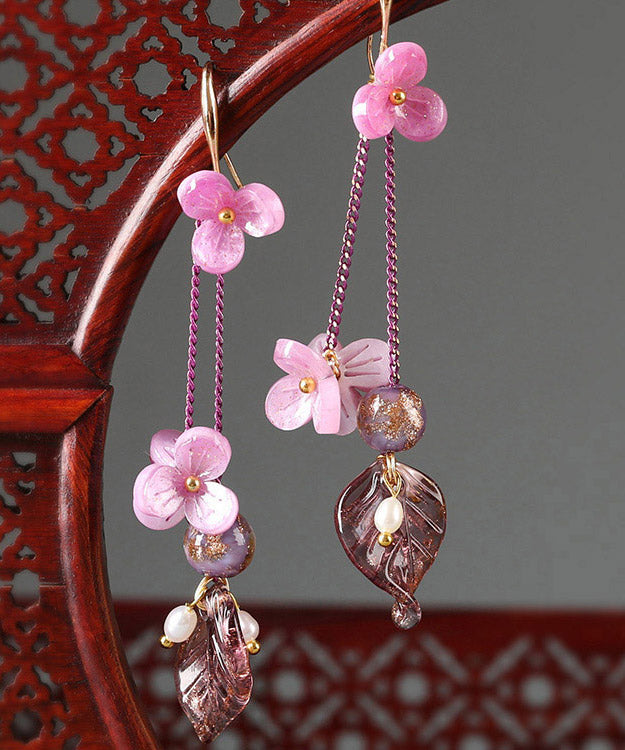 Women Rose Sterling Silver Pearl Coloured Glaze Floral Drop Earrings