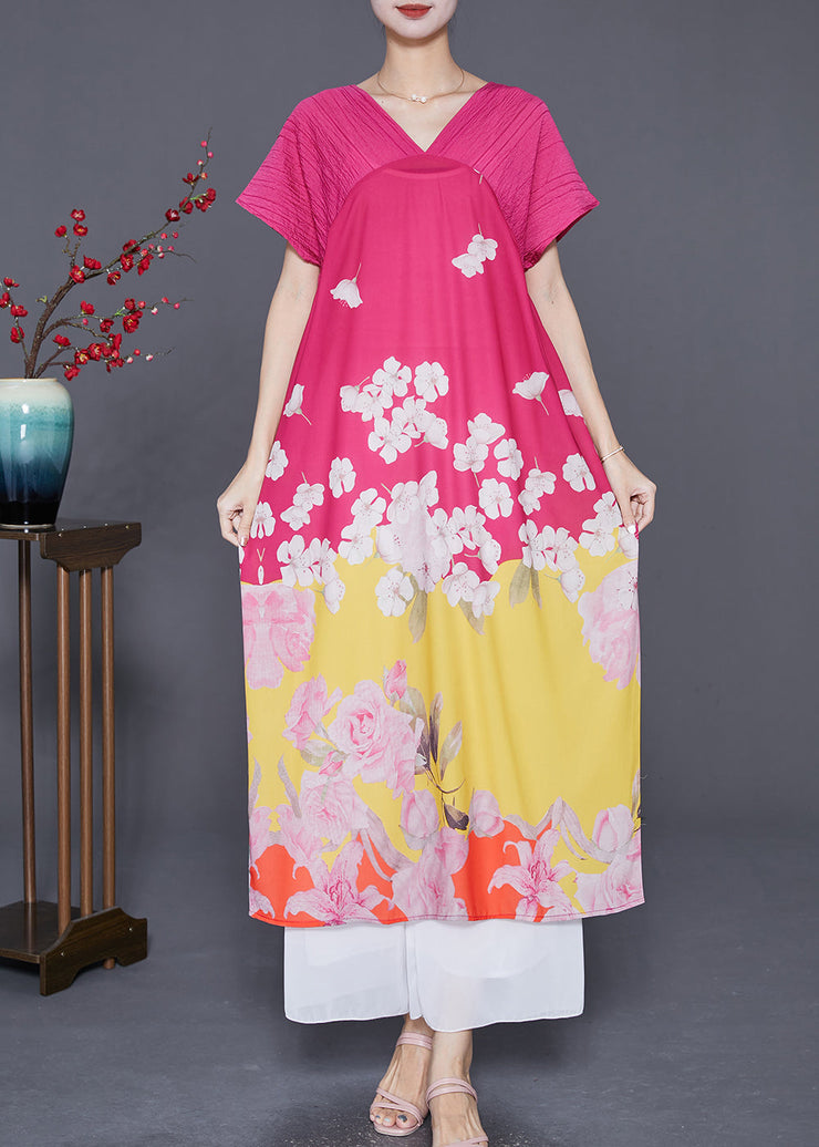 Women Rose V Neck Patchwork Print Silk Party Dress Summer