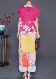 Women Rose V Neck Patchwork Print Silk Party Dress Summer