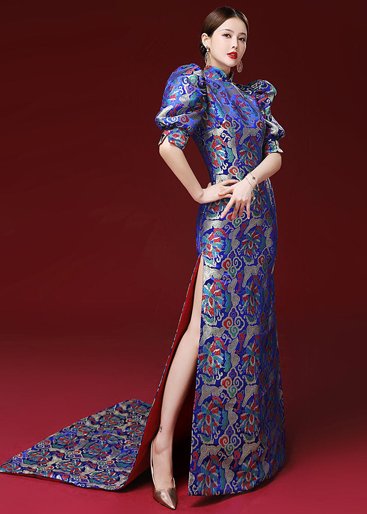 Women Royal Blue Embroidered Side Open Silk Mopping Maxi Dresses Puff Sleeve