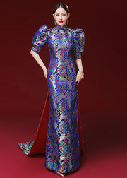 Women Royal Blue Embroidered Side Open Silk Mopping Maxi Dresses Puff Sleeve