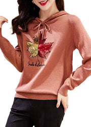 Women Rubber Red Hooded Embroideried Patchwork Cotton Top Fall