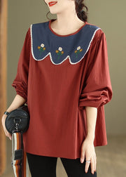 Women Rust Embroidered Patchwork Cotton Top Fall