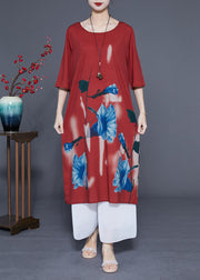 Women Rust O-Neck Morning Glory Print Silk Robe Dresses Half Sleeve