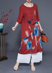 Women Rust O-Neck Morning Glory Print Silk Robe Dresses Half Sleeve