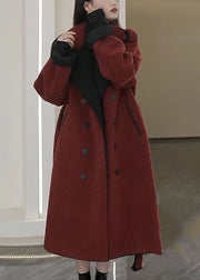 Women Rust Tie Waist Pockets Patchwork Thick Woolen Coats Winter