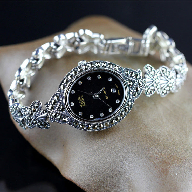 Women Silk Sterling Silver Inlaid Butterfly Tempered Glass Wrist Watch