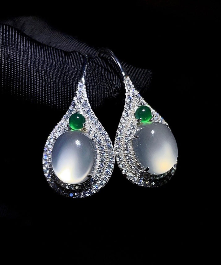 Women Silk Sterling Silver Inlaid Zircon Jade Stud Earrings