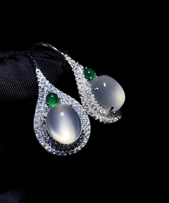 Women Silk Sterling Silver Inlaid Zircon Jade Stud Earrings