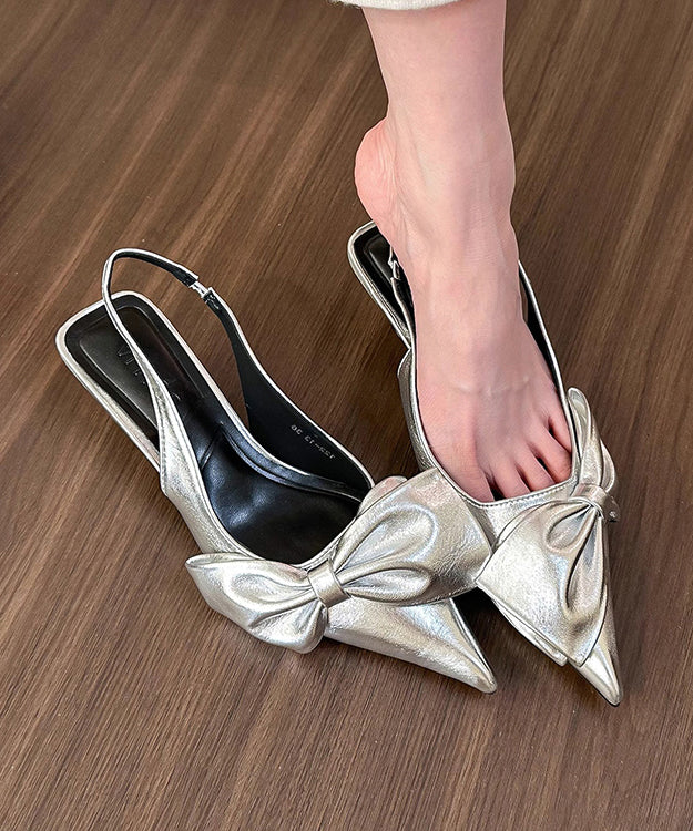 Women Silver Bow High Heel Sandals Pointed Toe Faux Leather