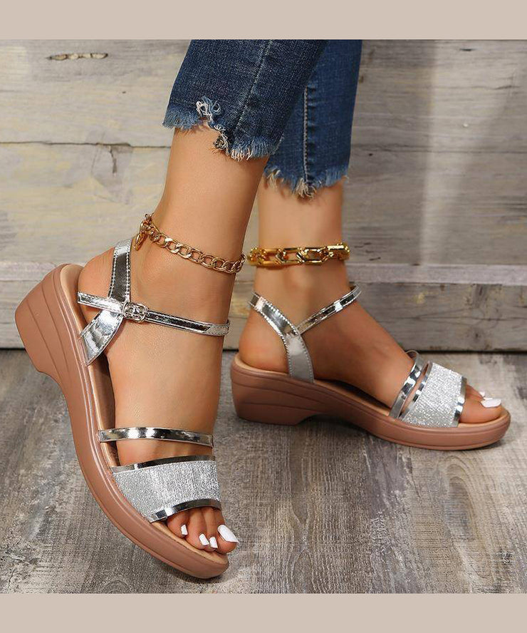 Women Silver Wedge Heels Sandals Peep Toe Buckle Strap Summer