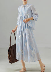 Women Sky Blue Embroidered Chiffon Two Pieces Set Summer