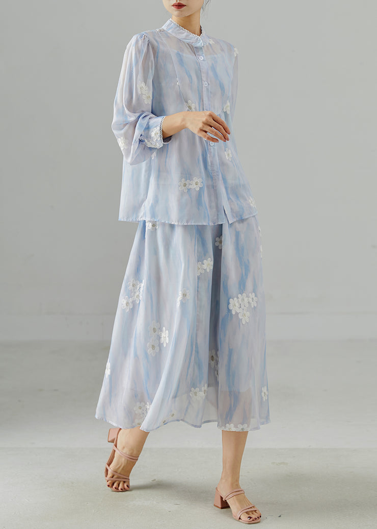 Women Sky Blue Embroidered Chiffon Two Pieces Set Summer