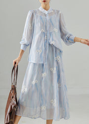 Women Sky Blue Embroidered Chiffon Two Pieces Set Summer