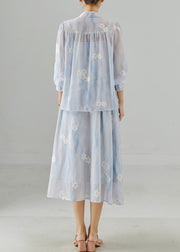 Women Sky Blue Embroidered Chiffon Two Pieces Set Summer