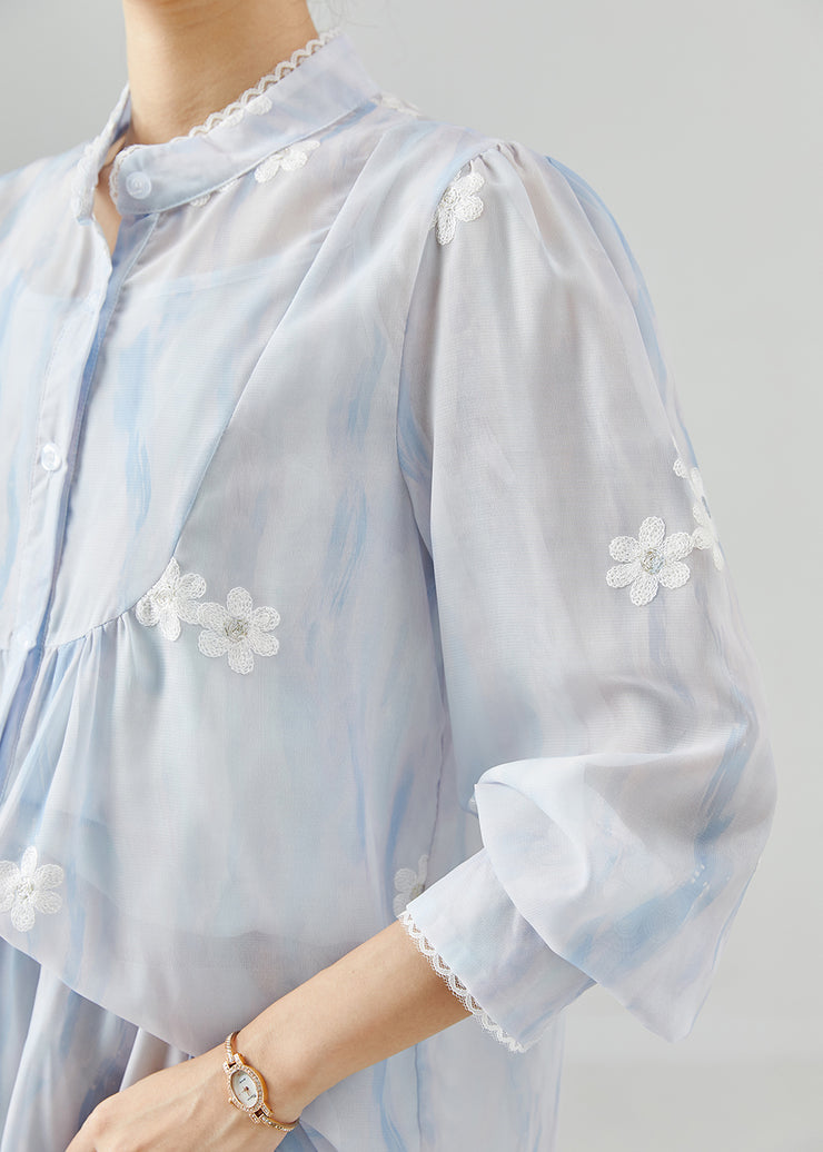 Women Sky Blue Embroidered Chiffon Two Pieces Set Summer