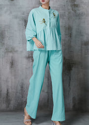 Women Sky Blue Embroidered Linen Two Piece Set Summer