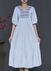 Women Sky Blue Embroidered Patchwork Cotton Dresses Summer