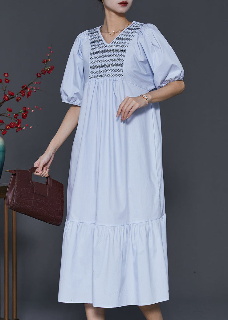 Women Sky Blue Embroidered Patchwork Cotton Dresses Summer