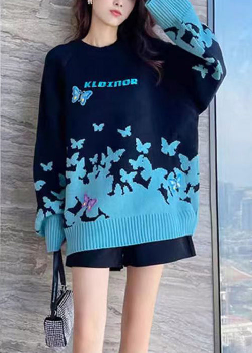 Women Sky Blue Embroidered Patchwork Cotton Knit Sweaters Long Sleeve