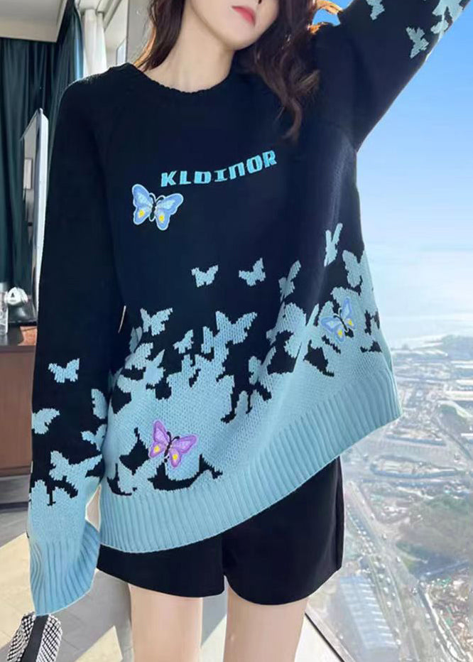 Women Sky Blue Embroidered Patchwork Cotton Knit Sweaters Long Sleeve