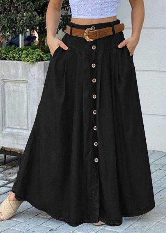 Women Solid Color Bottom Front Loose Casual Long Skirt With Pocket - bagstylebliss