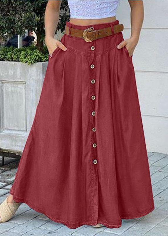 Women Solid Color Bottom Front Loose Casual Long Skirt With Pocket - bagstylebliss