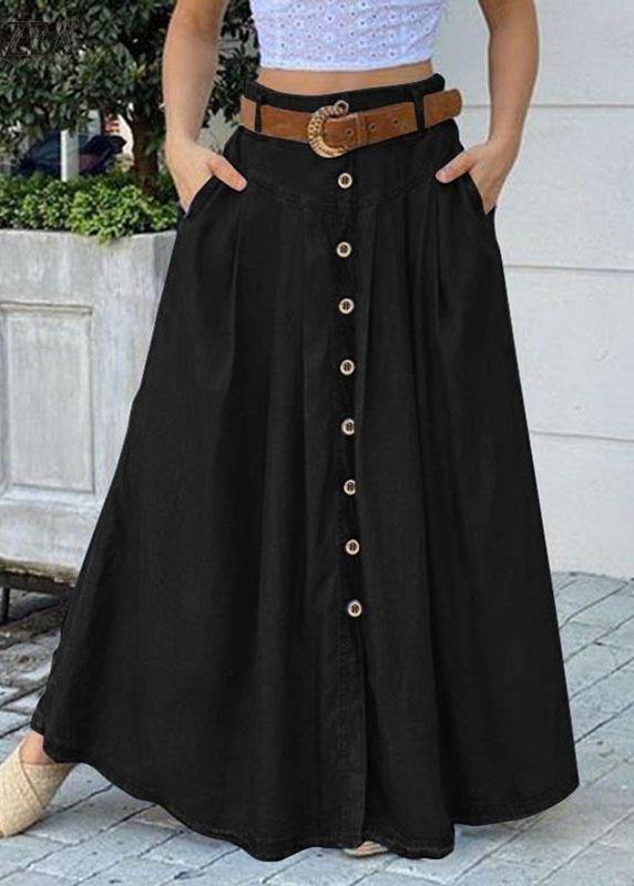 Women Solid Color Bottom Front Loose Casual Long Skirt With Pocket - bagstylebliss