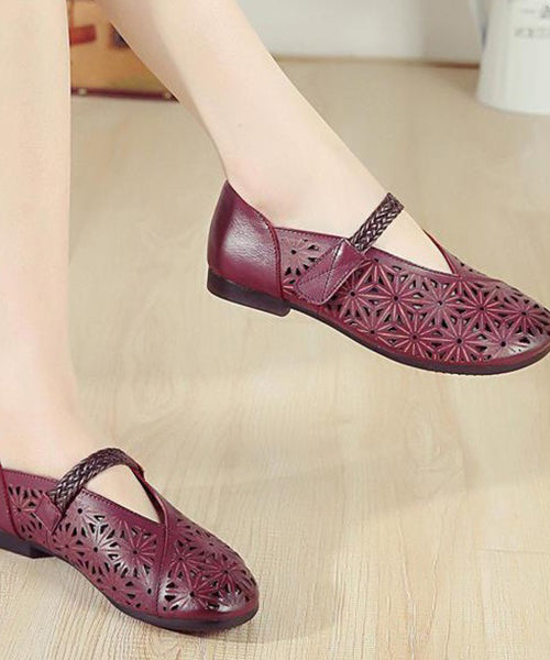 Women Splicing Buckle Strap Flats Purple Cowhide Leather