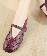 Women Splicing Buckle Strap Flats Purple Cowhide Leather