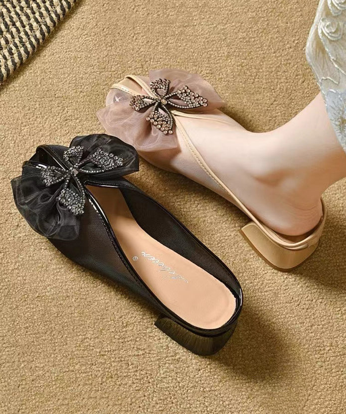 Women Splicing Chunky Black Tulle Bow Slide Sandals