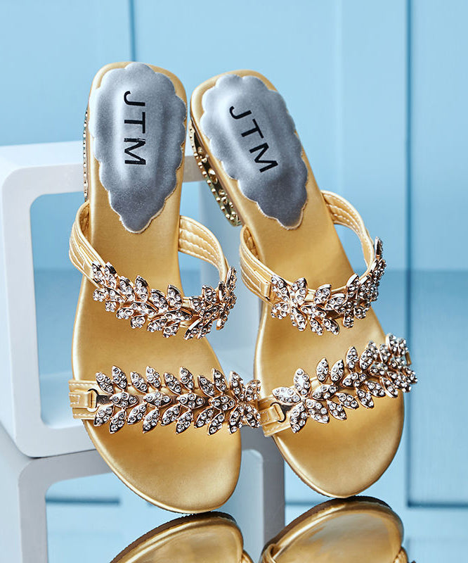 Women Splicing Chunky Gold Zircon Slide Sandals Peep Toe