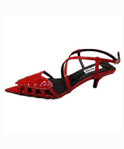 Women Splicing Heart Kitten Heels Sandals Red Faux Leather Pointed Toe