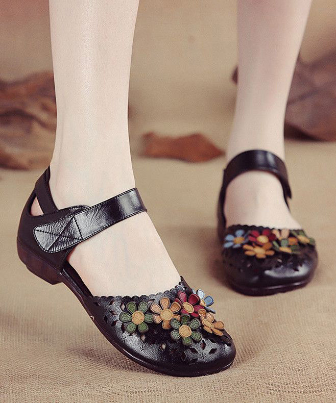 Women Splicing Hollow Out Walking Sandals Black Genuine Leather