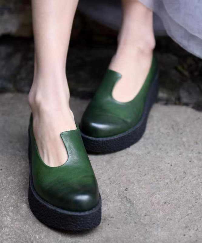 Women Splicing Platform Heels Blackish Green Cowhide Leather