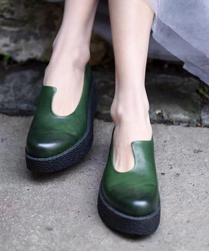 Women Splicing Platform Heels Blackish Green Cowhide Leather